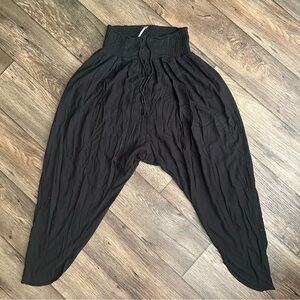 Free People Harem Pants Black Linen Smocked Drawstring Bohemian Beach Dance S